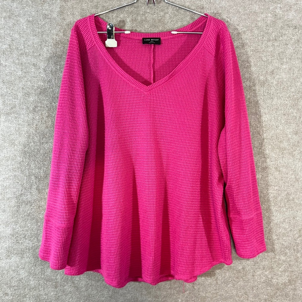 Lane Bryant Waffle Knit Top Womens 18/20 Hot Pink V Neck Long Sleeve Babydoll